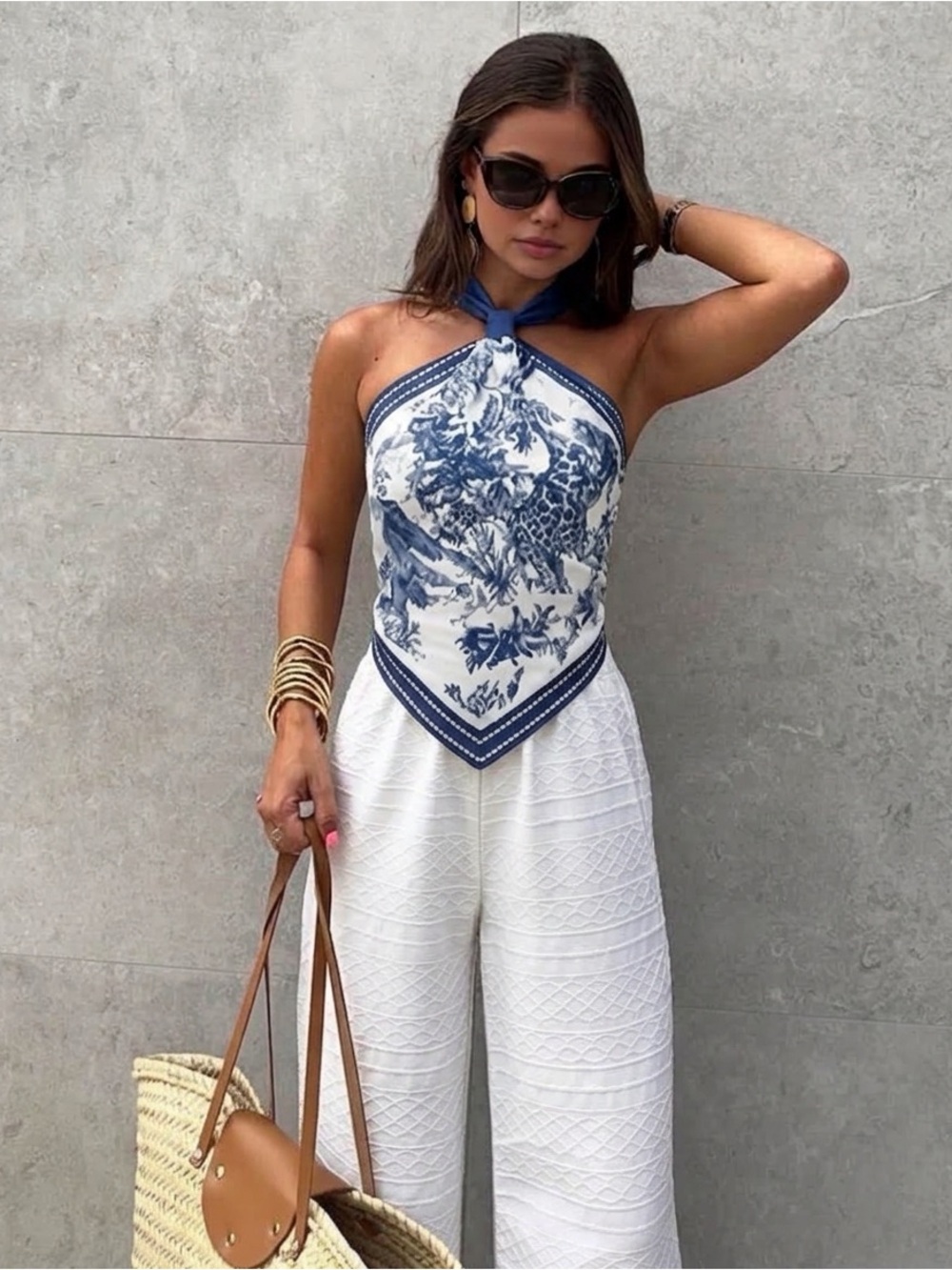 Commense Porcelain Print Scarf Style Halter Blouse